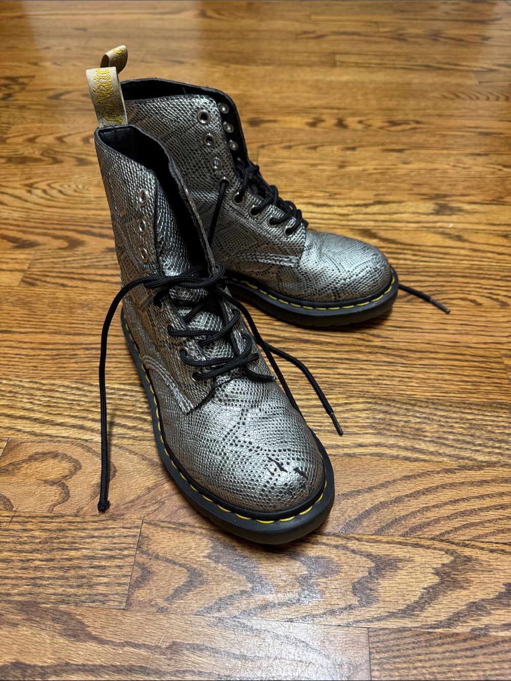Dr. Martens Metallic Silver 8-Eye Lace-Up Boots with Yellow Stitching